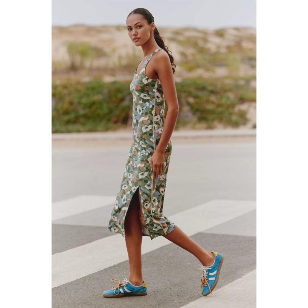Daily Practice Anthropologie Green Blue Square Neck Floral Camo Midi Dress L - Picture 3 of 11